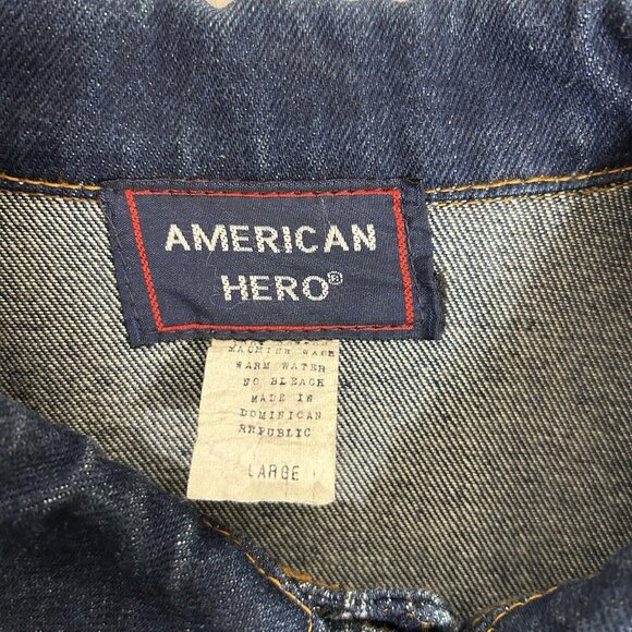 Vtg American Hero Dark Wash Blue Trucker Denim Jacket Men Pockets Buttons Size L - Picture 2 of 3